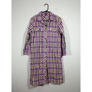 Theory Dinorah Plaid Button Down Shirt 3/4 Sleeve Cotton Dress Women Siz…